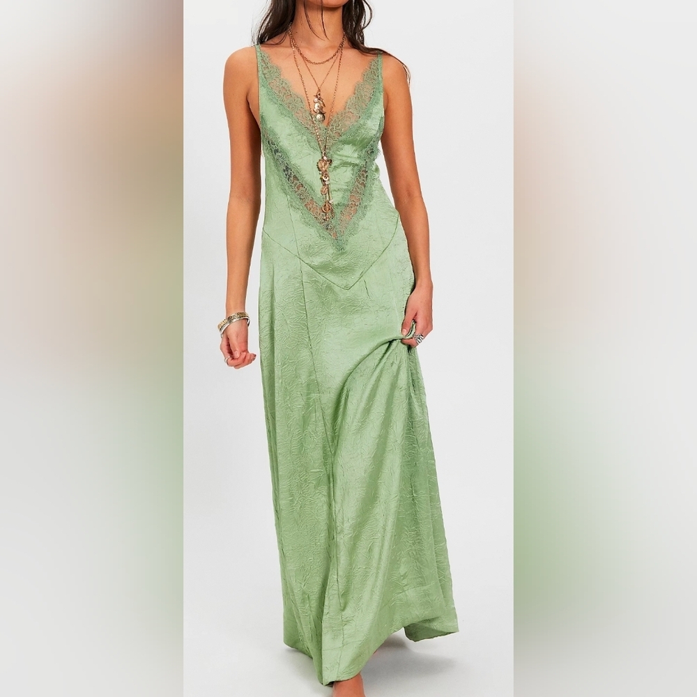 Free People Light Sage Lace-Trim Maxi Slip Dress